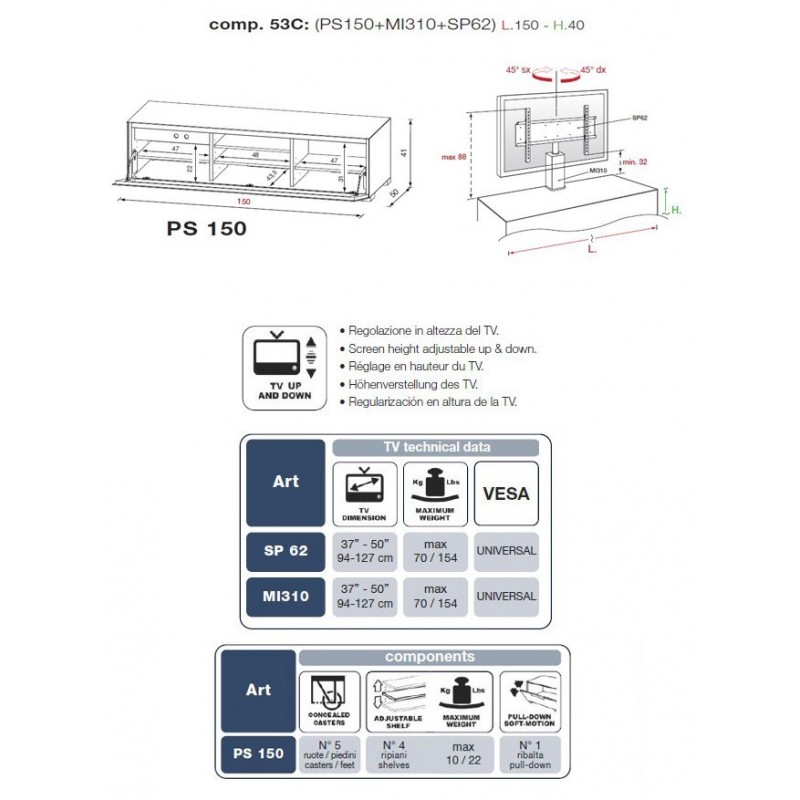 MUNARI PS150BI+MI310+SP63 MOBILE PORTA TV FINO A 63 POLLICI BIANCO MADE IN ITALY