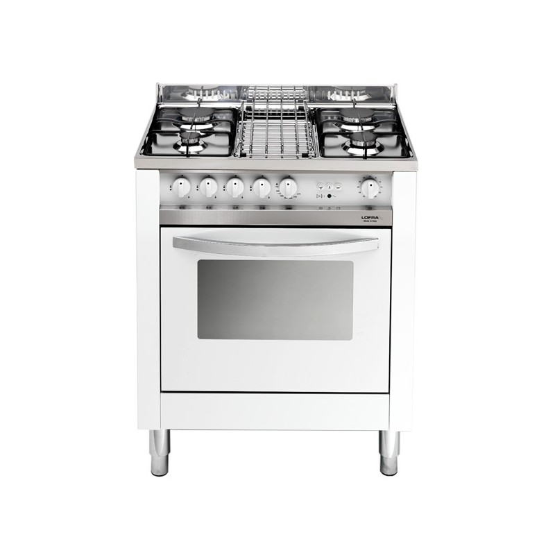 LOFRA MB75GV bianca 70X50 CUCINA CON PIANO IN ACCIAIO LUCIDATO A SPECCHIO - 4 FUOCHI A GAS - FORNO A GAS VENTILATO DA 57 LT, CO