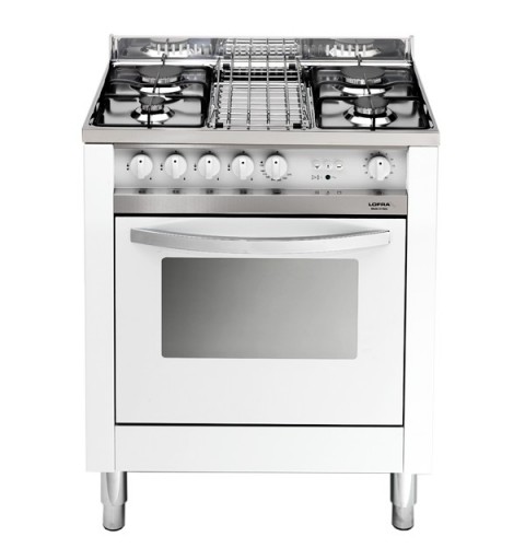 LOFRA MB75GV bianca 70X50 CUCINA CON PIANO IN ACCIAIO LUCIDATO A SPECCHIO - 4 FUOCHI A GAS - FORNO A GAS VENTILATO DA 57 LT, CO