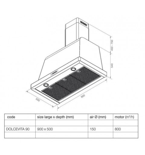 Lofra Dolcevita 90 Monté au mur Noir, Acier inoxydable 800m³/h