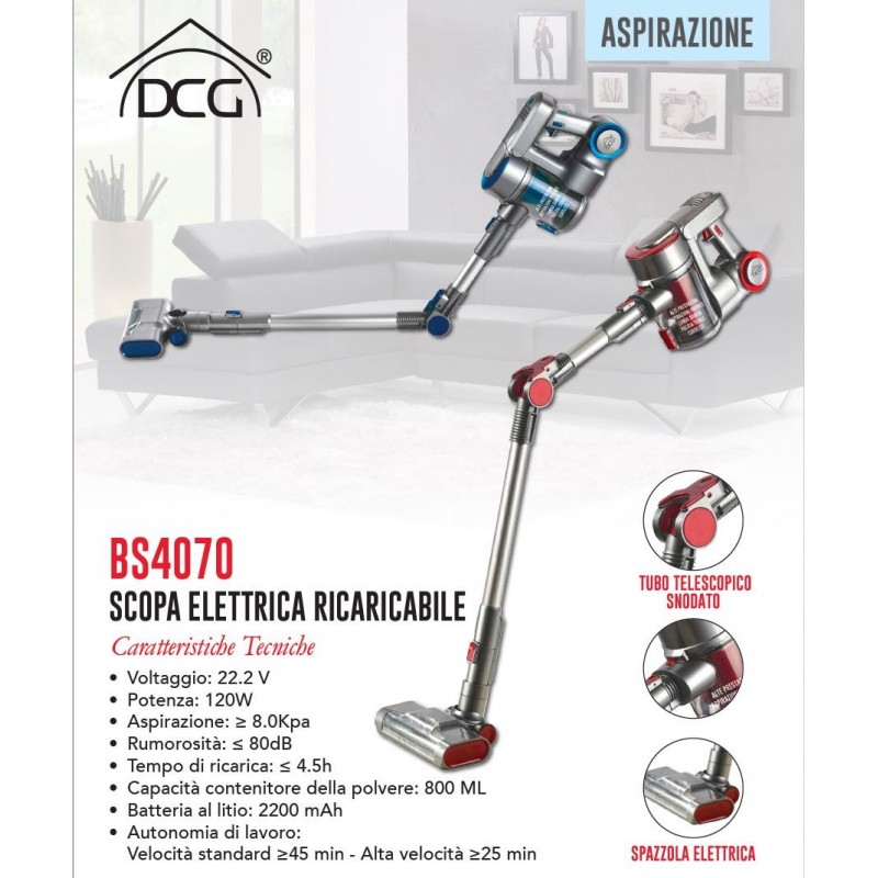 DCG BS4070 SCOPA ELETTRICA RICARICABILE SENZA SACCO CICLONICA 2IN1 ASPIRAPOLVERE PORTATILE