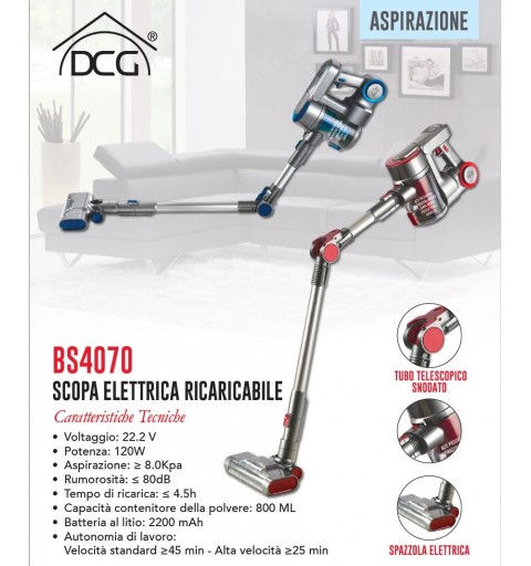 DCG BS4070 SCOPA ELETTRICA RICARICABILE SENZA SACCO CICLONICA 2IN1 ASPIRAPOLVERE PORTATILE