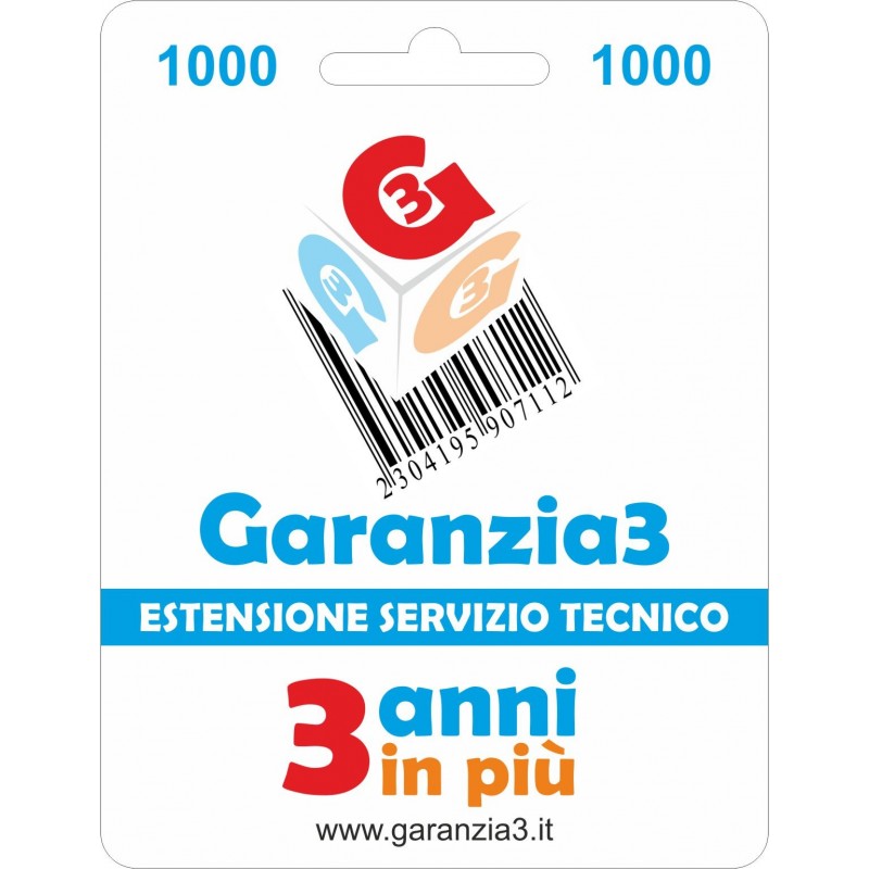 GARANZIA3 GR3V1000 ESTENSIONE GARANZIA 3 ANNI PER PRODOTTI FINO A 1000 EURO