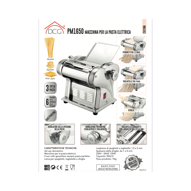 Dcg Pm1650 Macchina Per Pasta Elettrica - 3 tipi di pasta - 6 posizioni