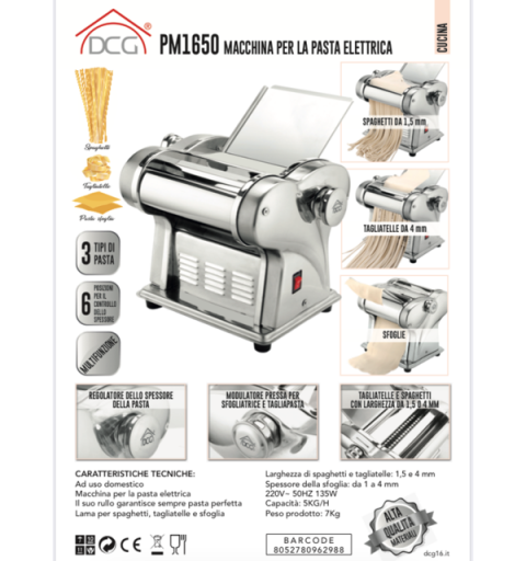 Dcg Pm1650 Macchina Per Pasta Elettrica - 3 tipi di pasta - 6 posizioni