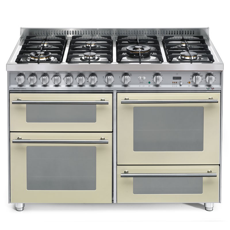 Lofra PBI126SMFET+DMFT/2AEO Avorio 120X60 Cucina Con Piano In Acciaio Satinato - 7 Fuochi A Gas - 3 Forni