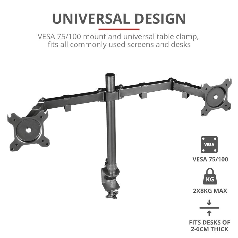 Trust GXT 1120 Mara Dual Monitor Arm 81.3 cm (32") Clamp Black