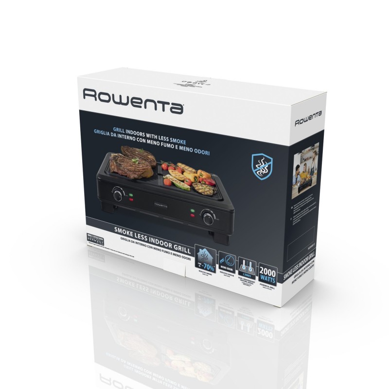 Rowenta KG900812, Smokeless Grill, Griglia, 70% di fumo in meno, Meno odori, 2 zone di cottura indipendenti, 2000 W, Nero