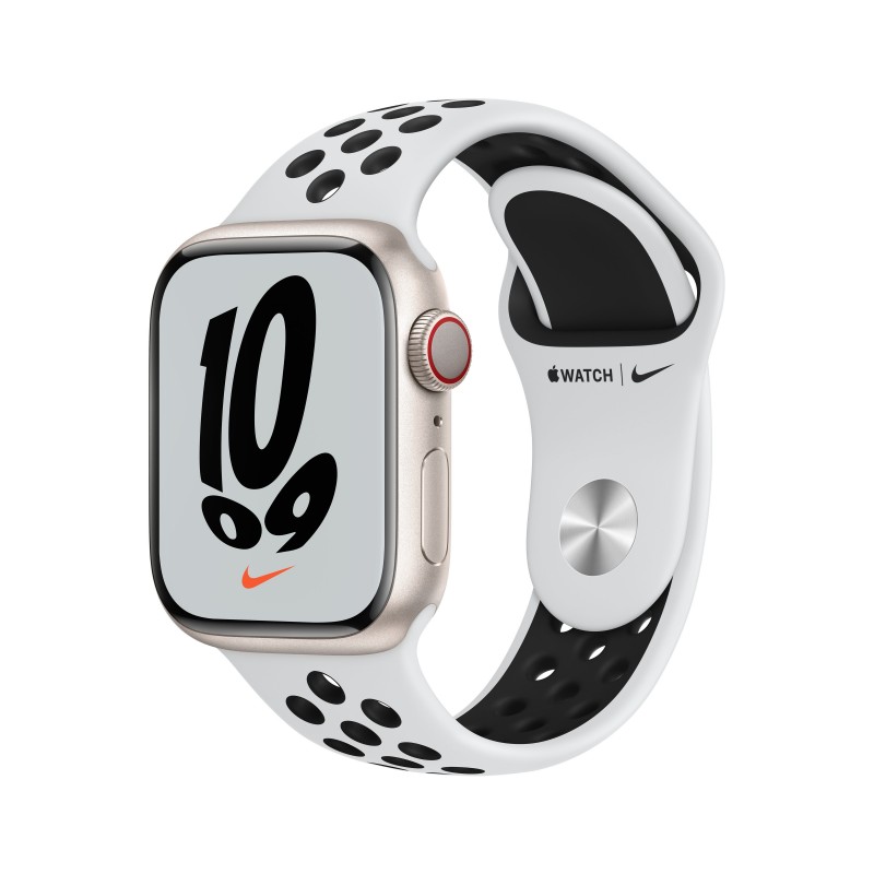 Apple Watch Nike Series 7 GPS + Cellular, 41mm Cassa in Alluminio Galassia con Cinturino Sport Platino Puro Nero
