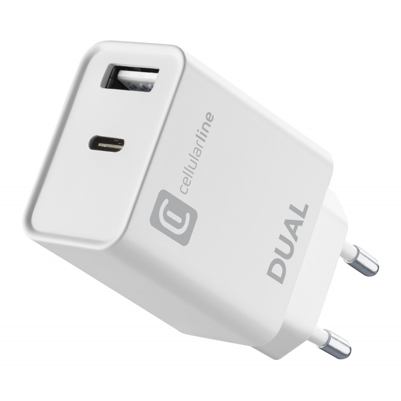 Cellularline Dual Charger - iPhone 8 or later Caricabatterie da rete con 2 porte USB e USB-C per la carica simultanea di due