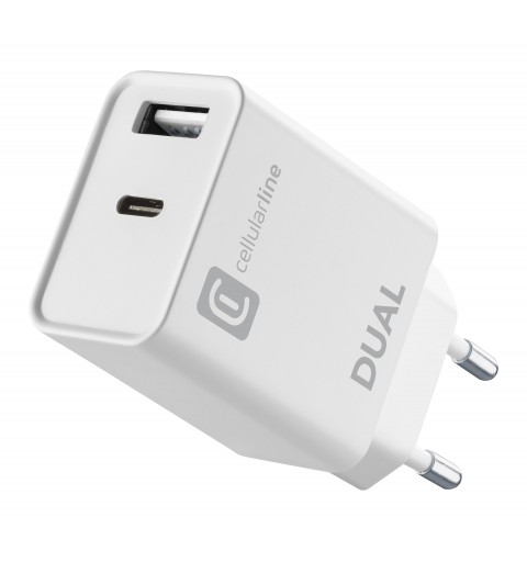 Cellularline Dual Charger - iPhone 8 or later Caricabatterie da rete con 2 porte USB e USB-C per la carica simultanea di due