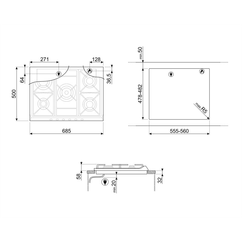 Smeg SR275X2 plaque Acier inoxydable Intégré (placement) Gaz 5 zone(s)