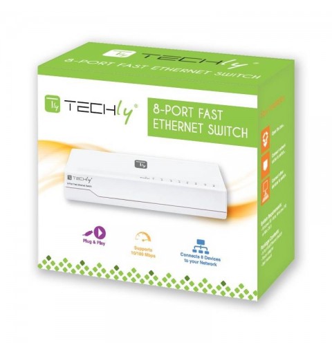 Techly I-SWHUB-080TY commutateur réseau Non-géré Fast Ethernet (10 100) Blanc