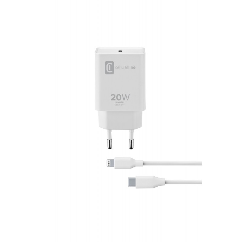 Cellularline USB-C Charger Kit 20W - USB-C to Lightning - iPhone 8 or later 20W USB-C mains charger for charging the iPhone 8