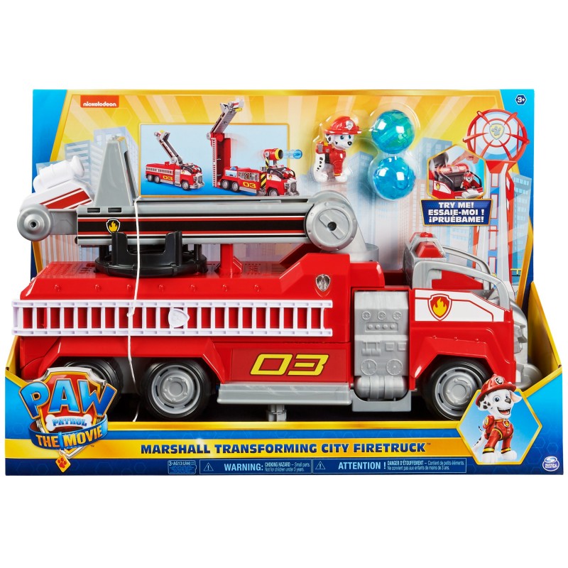 PAW Patrol , camion dei pompieri trasformabile di Marshall da IL FILM con scala allungabile, luci e suoni e personaggio da