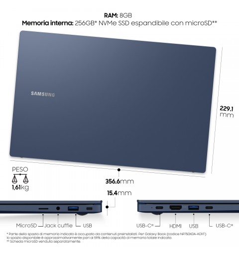 Samsung Galaxy Book NP750XDA-KC1IT ordenador portatil Portátil 39,6 cm (15.6") Full HD Intel® Core™ i3 8 GB LPDDR4x-SDRAM 256
