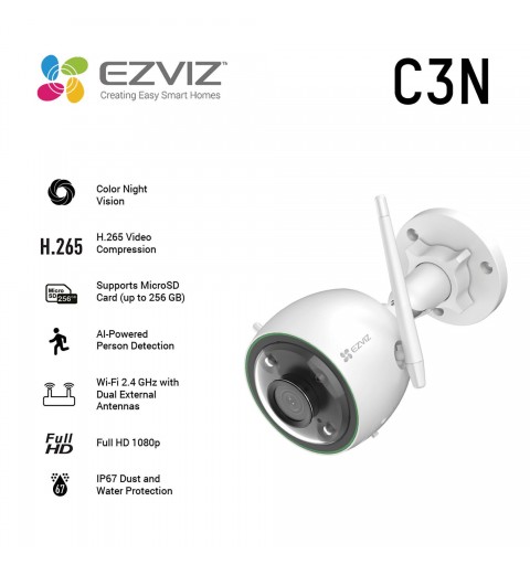 EZVIZ C3N Smart Outdoor Camera with Colour Night Vision, AI Human Detection
