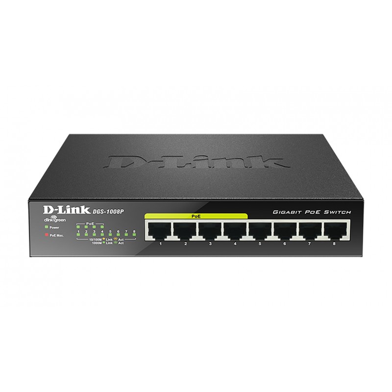 D-Link DGS-1008P network switch Unmanaged Gigabit Ethernet (10 100 1000) Power over Ethernet (PoE) Black