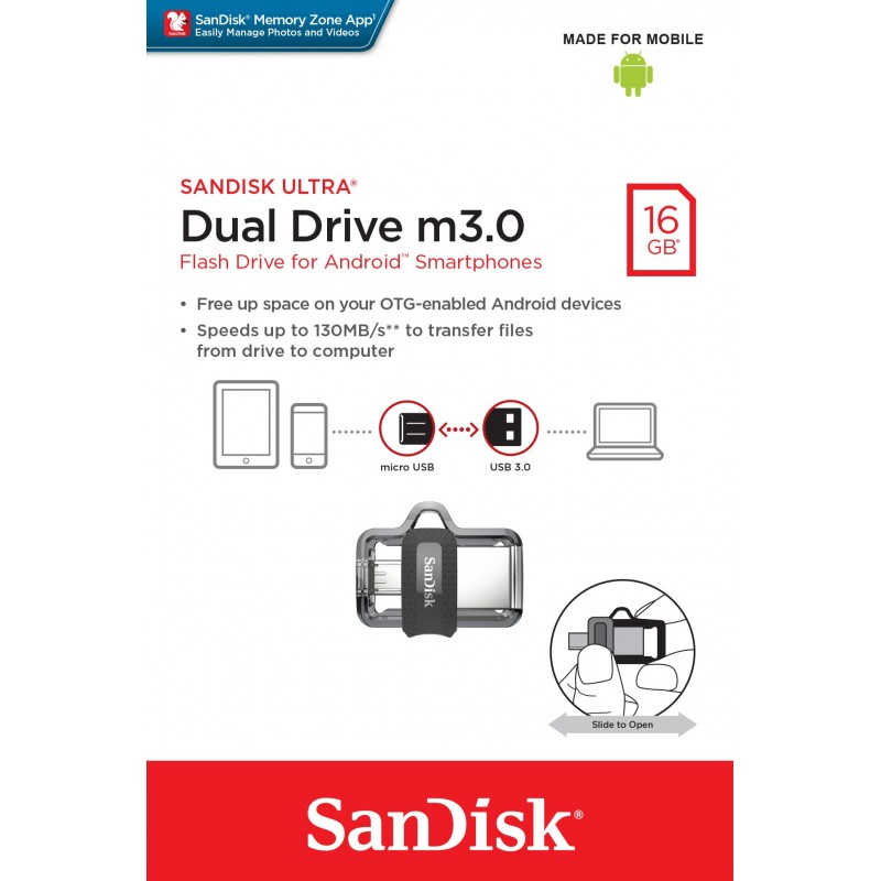 SanDisk Ultra Dual m3.0 lecteur USB flash 16 Go USB Type-A Micro-USB 3.2 Gen 1 (3.1 Gen 1) Noir, Argent, Transparent