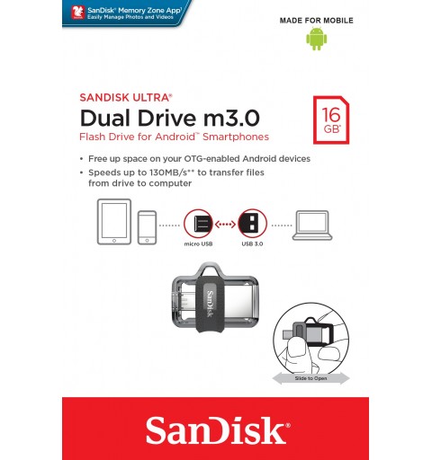 SanDisk Ultra Dual m3.0 lecteur USB flash 16 Go USB Type-A Micro-USB 3.2 Gen 1 (3.1 Gen 1) Noir, Argent, Transparent