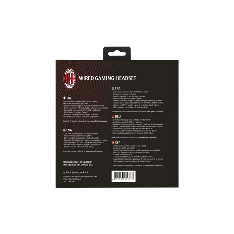 Qubick AC Milan Casque Avec fil Arceau Jouer Rouge