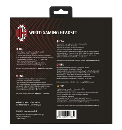Qubick AC Milan Casque Avec fil Arceau Jouer Rouge