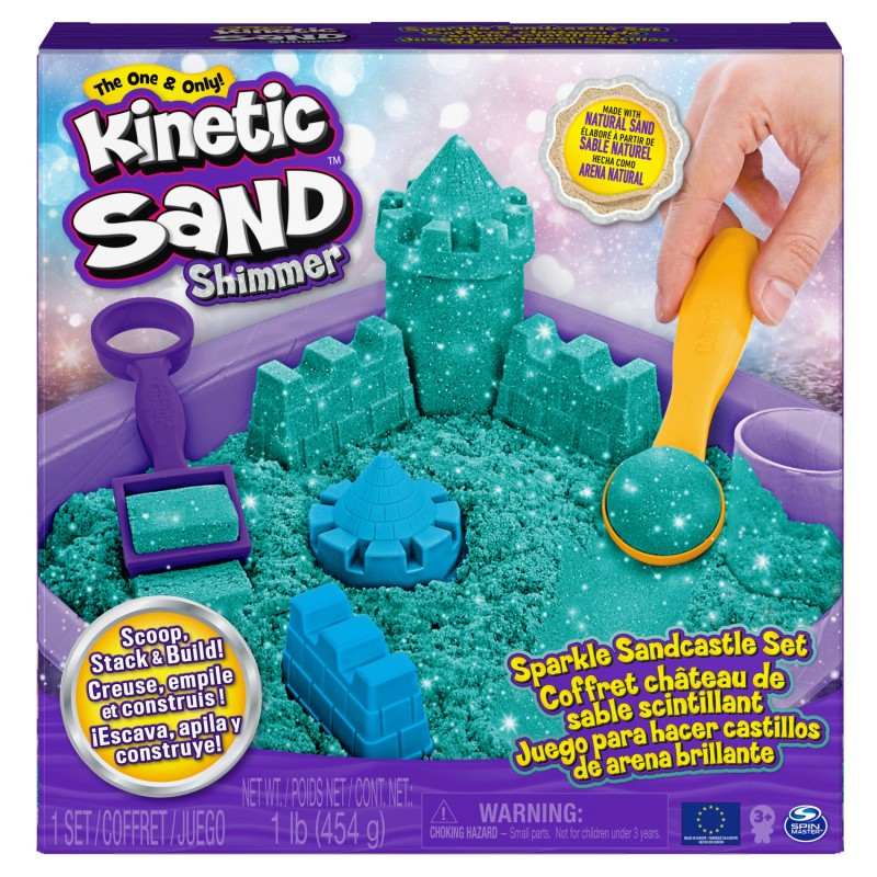 Kinetic Sand Shimmer, Sparkle Sandcastle Set with 1lb of Teal Shimmer , 3 Molds and 2 Tools