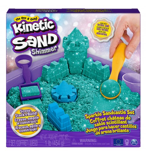 Kinetic Sand - Castello di sabbia glitterata, 453 g di Shimmer verde acqua, 5 formine e accessori, con vaschetta - per bambini