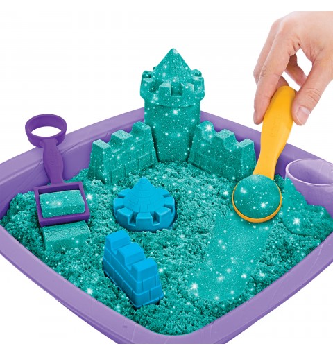 Kinetic Sand Shimmer, Coffret Château de sable scintillant avec 453 g de scintillant turquoise, 3 moules et 2 outils