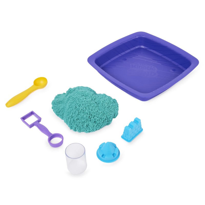 Kinetic Sand - Castello di sabbia glitterata, 453 g di Shimmer verde acqua, 5 formine e accessori, con vaschetta - per bambini