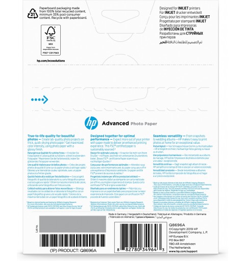 HP Advanced Photo Paper, Glossy, 250 g m2, 13 x 18 cm (127 x 178 mm), 25 sheets