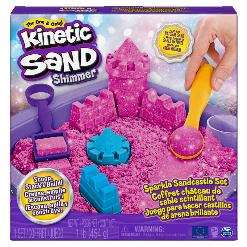 Kinetic Sand - Castello di sabbia glitterata, 453 g di Shimmer rosa, 5 formine e accessori con vaschetta - per bambini dai 3