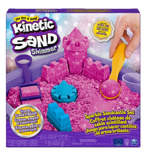 Kinetic Sand Shimmer, Coffret Château de sable scintillant avec 453 g de scintillant rose, 3 moules et 2 outils