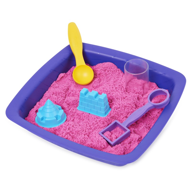 Kinetic Sand - Castello di sabbia glitterata, 453 g di Shimmer rosa, 5 formine e accessori con vaschetta - per bambini dai 3