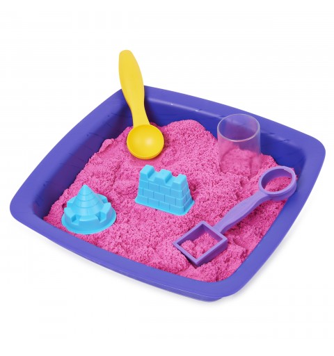 Kinetic Sand - Castello di sabbia glitterata, 453 g di Shimmer rosa, 5 formine e accessori con vaschetta - per bambini dai 3