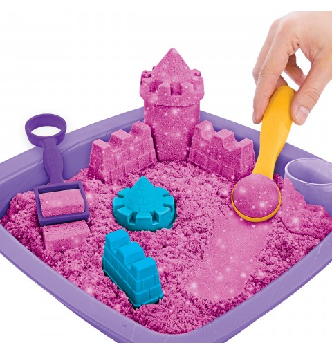 Kinetic Sand Shimmer, Coffret Château de sable scintillant avec 453 g de scintillant rose, 3 moules et 2 outils