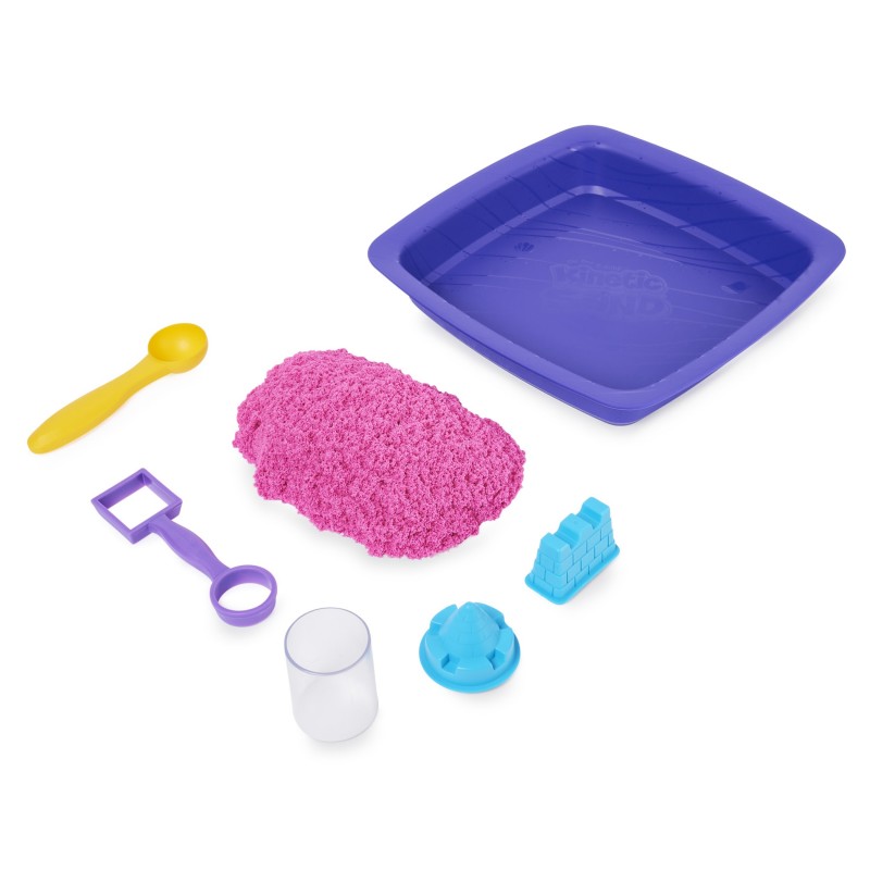 Kinetic Sand - Castello di sabbia glitterata, 453 g di Shimmer rosa, 5 formine e accessori con vaschetta - per bambini dai 3