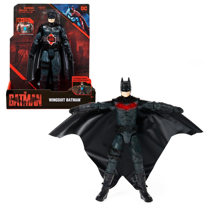 DC Comics , BATMAN IL FILM, Personaggio Deluxe del film The Batman da 30 cm con tuta alare, luci, suoni e ali che si aprono,