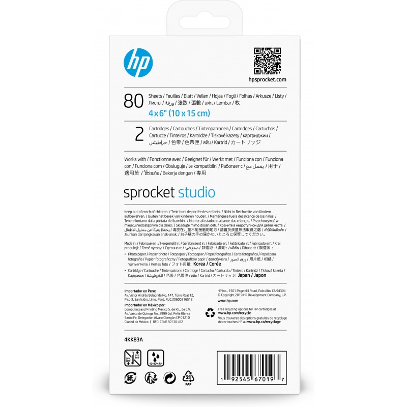 HP Papier photo et cartouches Sprocket 4 x 6 pouces (10 x 15 cm) -80 feuilles