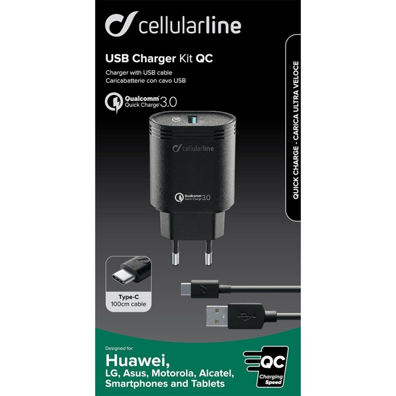 Cellularline USB Charger Kit QC - Type-C, Nero