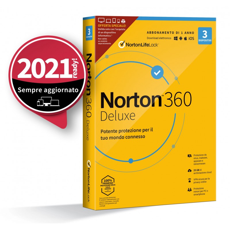 NortonLifeLock Norton 360 Deluxe 2021 | Antivirus per 3 dispositivi | Licenza di 1 anno | Secure VPN e Password Manager | PC,