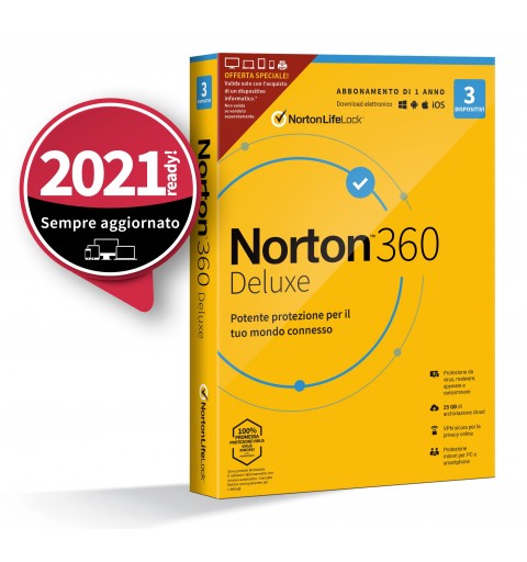 NortonLifeLock Norton 360 Deluxe 2021 | Antivirus per 3 dispositivi | Licenza di 1 anno | Secure VPN e Password Manager | PC,