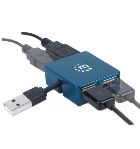 Manhattan USB-A 4-Port Micro Hub, 4x USB-A Ports, Blue, 480 Mbps (USB 2.0), Bus Power, Equivalent to Startech ST4200MINI2,