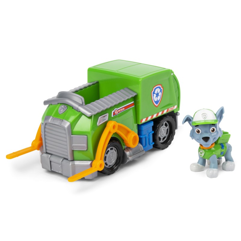 PAW Patrol , camion per la raccolta di rifiuti riciclabili di Rocky con personaggio da collezione, per bambini dai 3 anni in su