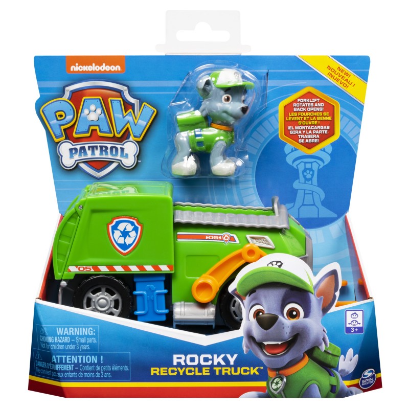 PAW Patrol , camion per la raccolta di rifiuti riciclabili di Rocky con personaggio da collezione, per bambini dai 3 anni in su
