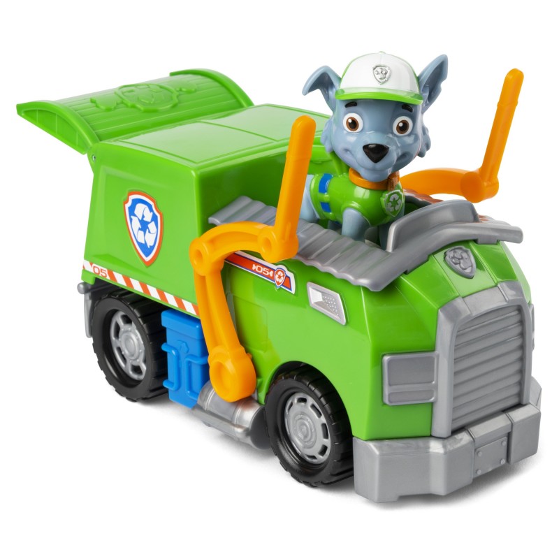 PAW Patrol , camion per la raccolta di rifiuti riciclabili di Rocky con personaggio da collezione, per bambini dai 3 anni in su