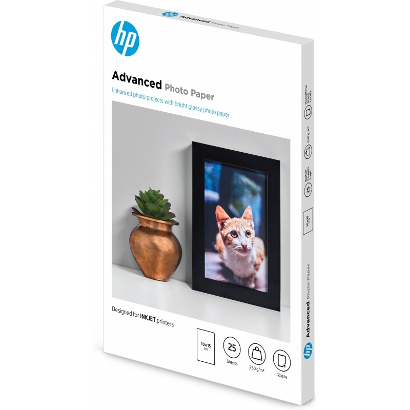 HP Advanced Photo Paper, Glossy, 250 g m2, 10 x 15 cm (101 x 152 mm), 25 sheets