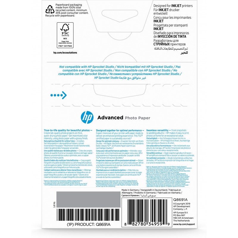 HP Advanced Photo Paper, Glossy, 250 g m2, 10 x 15 cm (101 x 152 mm), 25 sheets