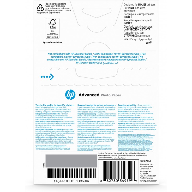 HP Carta fotografica lucida Advanced Photo Paper - 25 fogli 10 x 15 cm senza margini