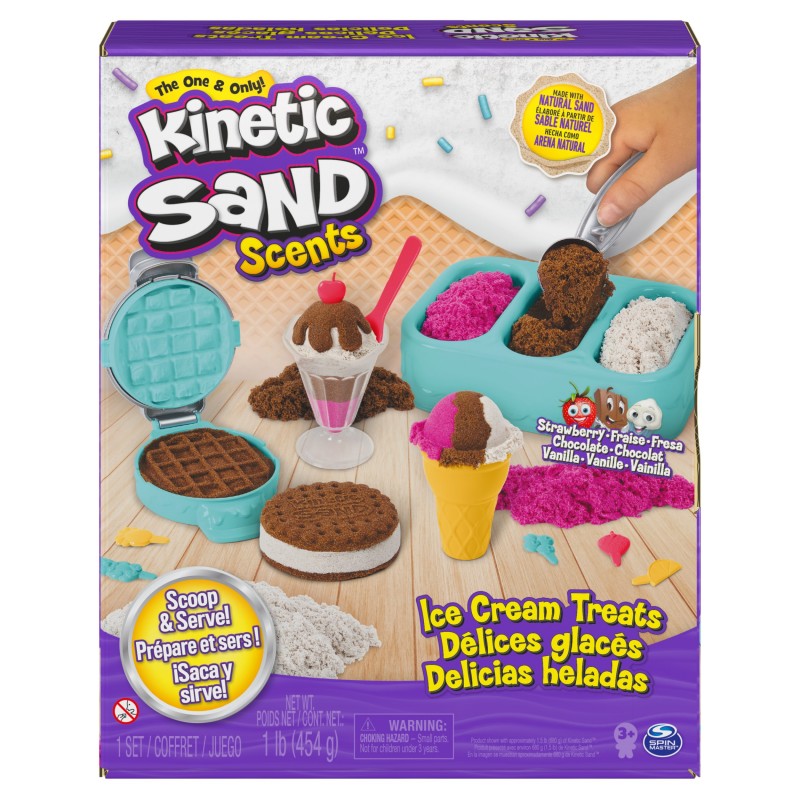 Kinetic Sand - ARENA MÁGICA - SET DELICIAS HELADAS - 454g de Arena de 3 Aromas y 6 Herramientas - Kit Manualidades Niños -